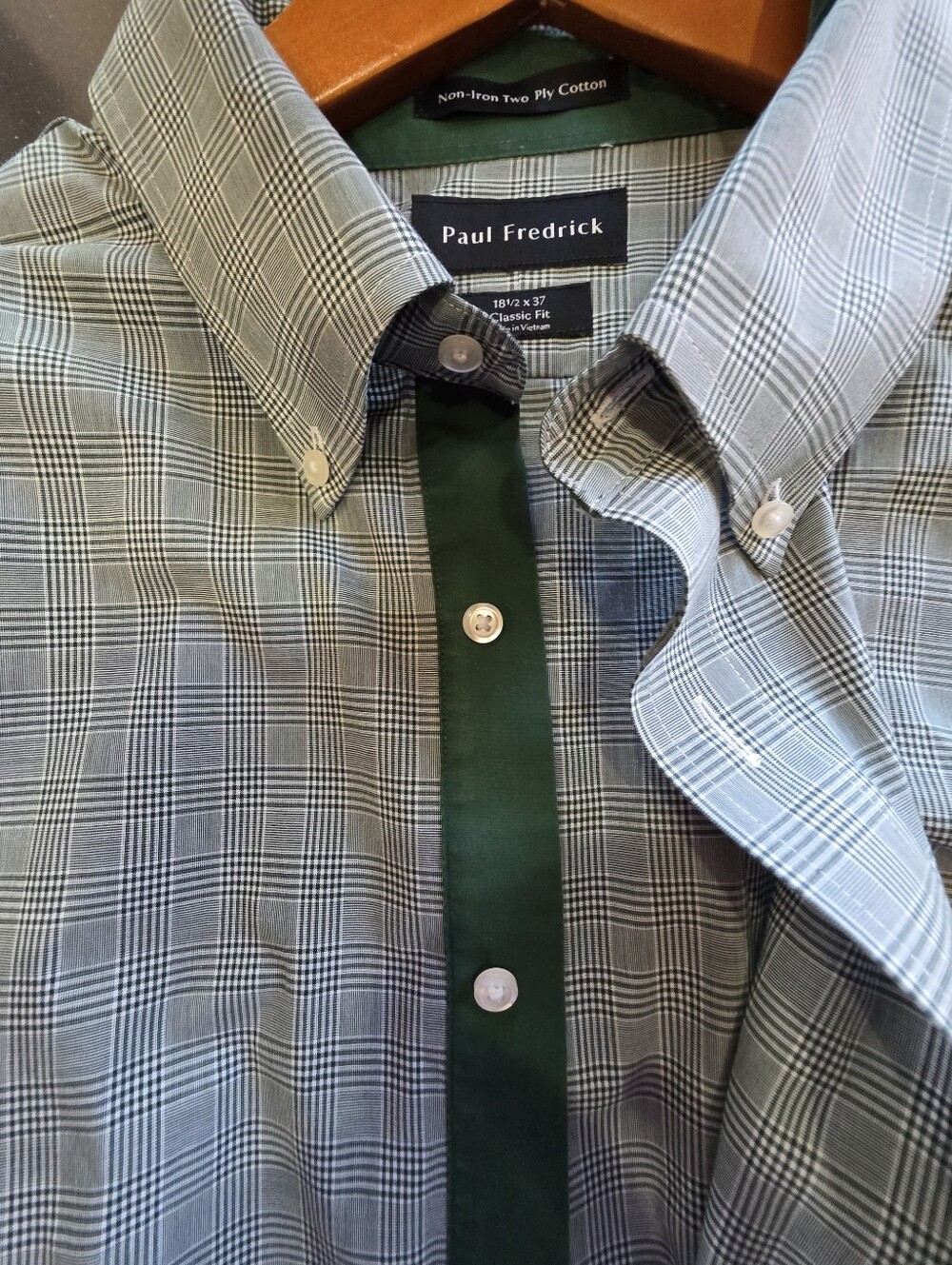 Paul Fredrick Non Iron Dress Shirt Size 18.5 37 2XL Green & White - Picture 2 of 4